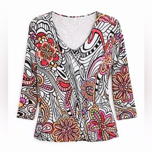 Alberto Makali Y2K Beaded Sequin Floral Psychedelic Jersey Top Large Glam Rocker